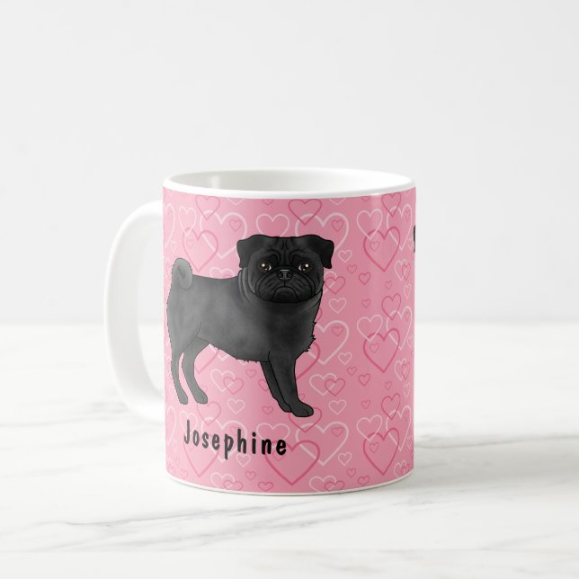 Schwarzer Mops Hund Niedlichen Mops und rosa Herze Kaffeetasse (Vorderseite Links)