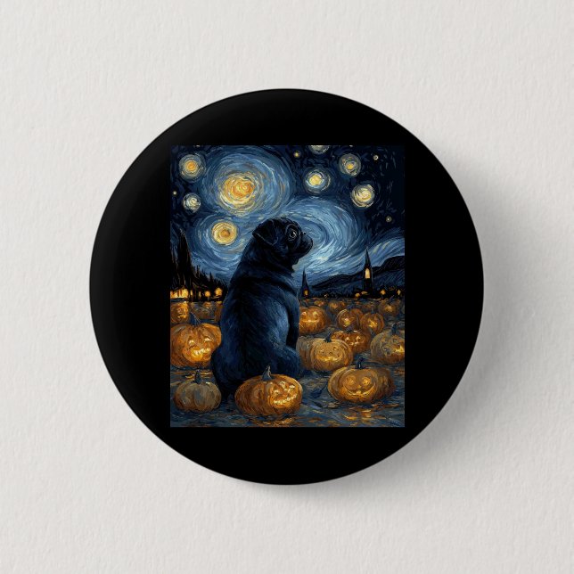 Schwarzer Mops Hund von van gogh sternenbester Nac Button (Vorderseite)