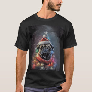 Schwarzer Mops-Hund Weihnachtsbaum Santa T-Shirt
