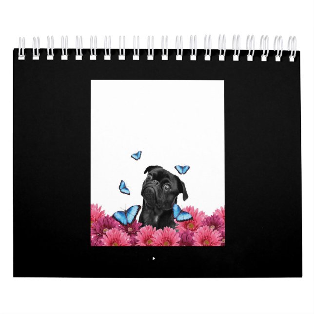 Schwarzer Mops mit blauen Schmetterlingen und Gerb Kalender (Titelbild)