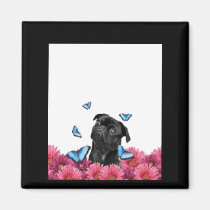Schwarzer Mops mit blauen Schmetterlingen und Gerb Magnet