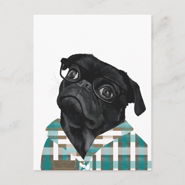 Schwarzer Mops mit Brille und Shirt Postkarte (Vorderseite)
