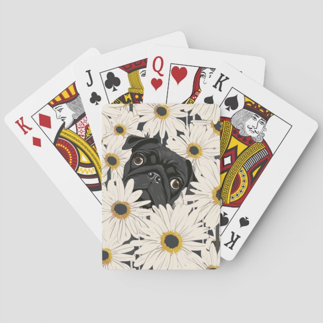 Schwarzer Mops mit Daisy-Blume Spielkarten (Rückseite)