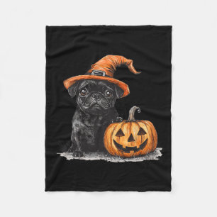 Schwarzer Mops mit Hexenhut und KürbisHalloween-Mo Fleecedecke