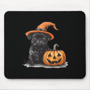 Schwarzer Mops mit Hexenhut und KürbisHalloween-Mo Mousepad