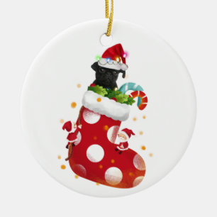 Schwarzer Mops mit Hutsockel Weihnachten Keramik Ornament