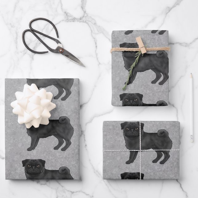 Schwarzer Mops Mops Hundedesign-Muster auf grau Geschenkpapier Set (Vorderseite)