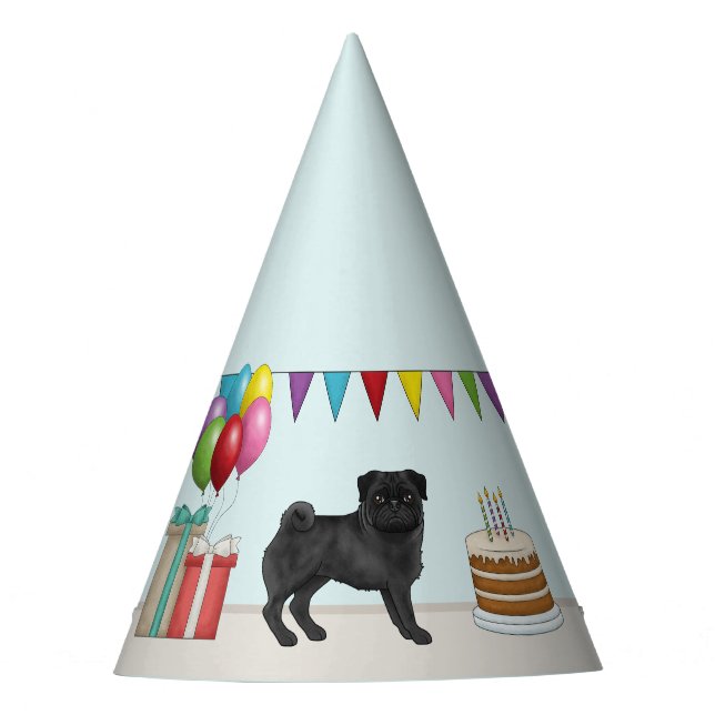 Schwarzer Mops Niedlich Cartoon Hund farbenfroh Ge Partyhütchen (Vorderseite)