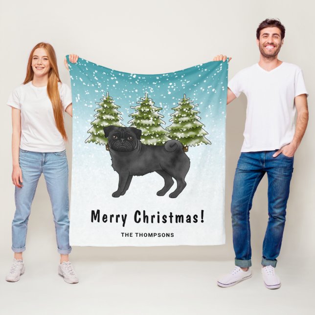 Schwarzer Mops Niedlicher Cartoon Dog Schneewald Fleecedecke (Beispiel)