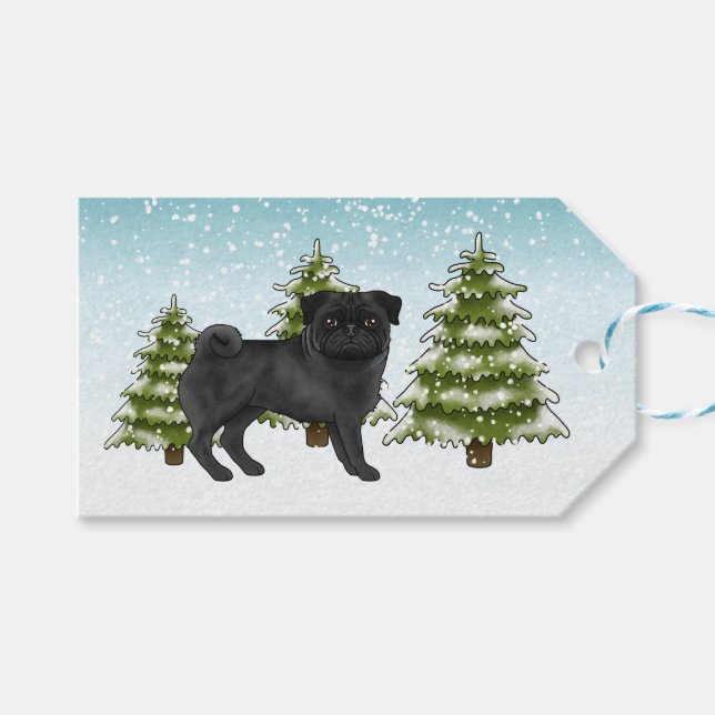 Schwarzer Mops Niedlicher Cartoon Dog Schneewald Geschenkanhänger (Vorderseite (Horizontal))