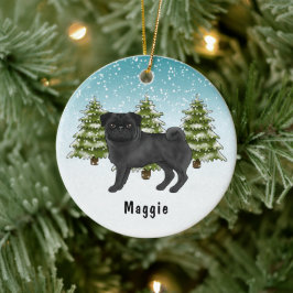 Schwarzer Mops Niedlicher Cartoon Dog Schneewald Keramik Ornament