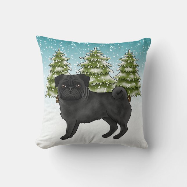 Schwarzer Mops Niedlicher Cartoon Dog Schneewald Kissen (Vorderseite)