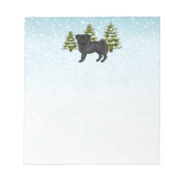 Schwarzer Mops Niedlicher Cartoon Dog Schneewald Notizblock