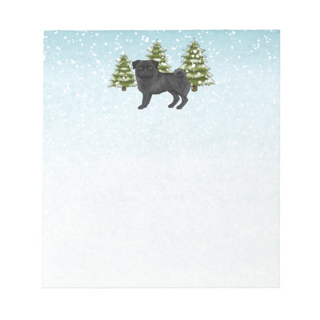 Schwarzer Mops Niedlicher Cartoon Dog Schneewald Notizblock (Vorderseite)