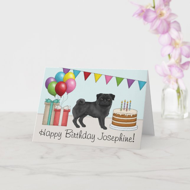Schwarzer Mops Niedlicher Cartoon Hund farbenfroh  Karte (Orchidee)