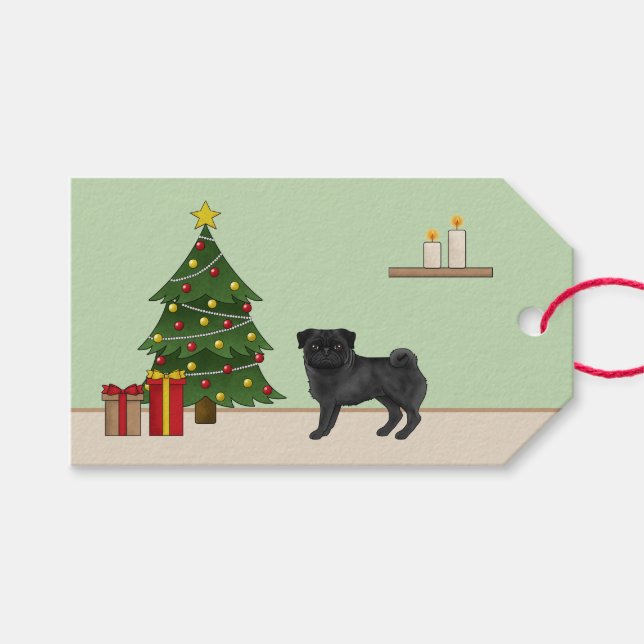 Schwarzer Mops Niedlicher Cartoon Hund mit einem W Geschenkanhänger (Vorderseite (Horizontal))