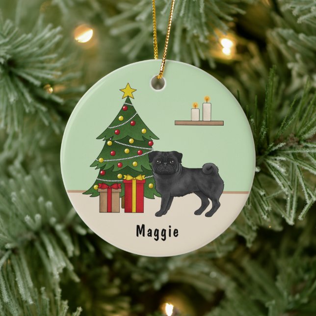 Schwarzer Mops Niedlicher Cartoon Hund mit einem W Keramik Ornament (Baum)
