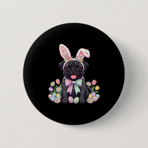 Schwarzer Mops-Osterhase-Eier süße Frühlingsblumen Button