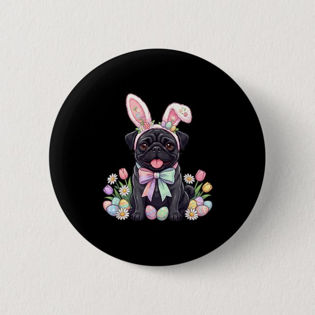 Schwarzer Mops-Osterhase-Eier süße Frühlingsblumen Button (Vorderseite)