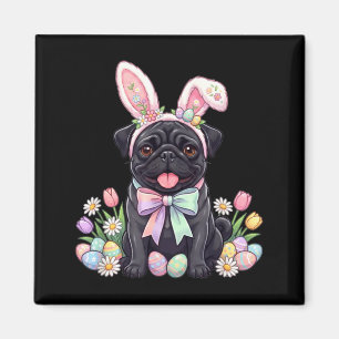 Schwarzer Mops-Osterhase-Eier süße Frühlingsblumen Magnet