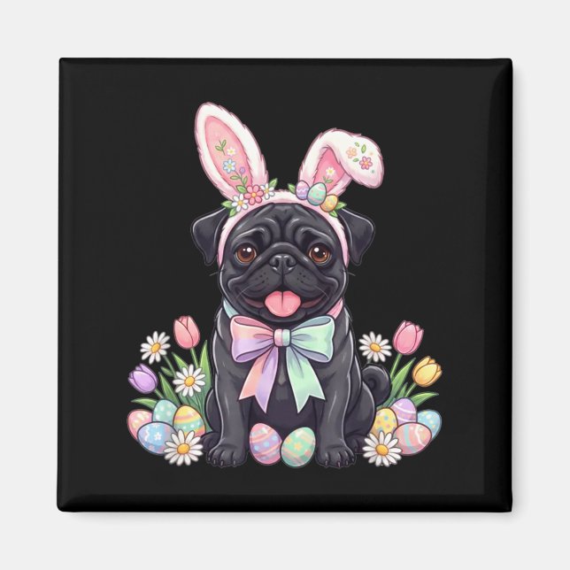 Schwarzer Mops-Osterhase-Eier süße Frühlingsblumen Magnet (Vorne)