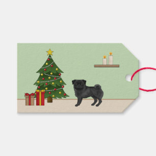 Schwarzer Mops süßer Cartoon-Hund mit einem Weihna Geschenkanhänger