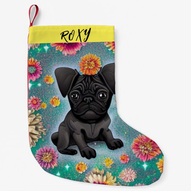Schwarzer Mops Weihnachts-Strumpf mit Namen. Kleiner Weihnachtsstrumpf (Vorderseite)