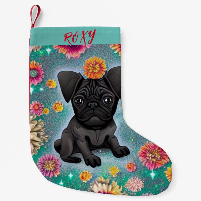 Schwarzer Mops Weihnachts-Strumpf mit Namen. Kleiner Weihnachtsstrumpf (Vorderseite)