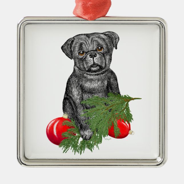 Schwarzer Mops Welpe Adventure Weihnachten Kunst Silbernes Ornament (Vorne)