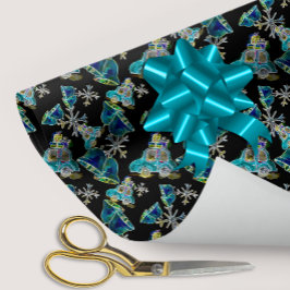 Schwarzer Nebel Glow Xmas Snowflakes Cars Bells Geschenkpapier