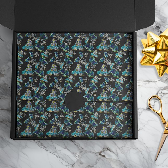 Schwarzer Nebel Glow Xmas Snowflakes Cars Bells Seidenpapier (Von Creator hochgeladen)