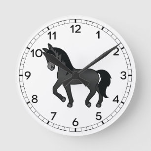Schwarzer Niedlicher Cartoon Trotting Horse Illust Runde Wanduhr