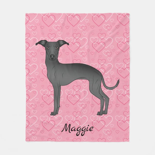 Schwarzer Niedlicher Grauhund auf rosa Herzen Fleecedecke (Vorderseite)