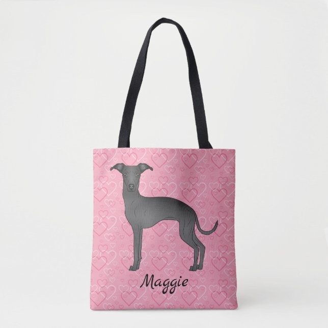 Schwarzer Niedlicher Grauhund auf rosa Herzen Tasche (Vorderseite)