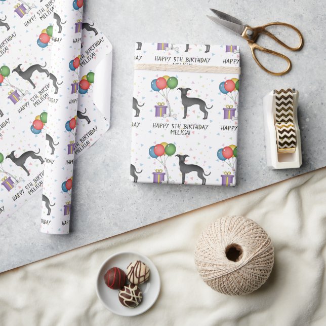 Schwarzer Niedlicher Grauhund - Hund zum Geburtsta Geschenkpapier (Kunsthandwerk)