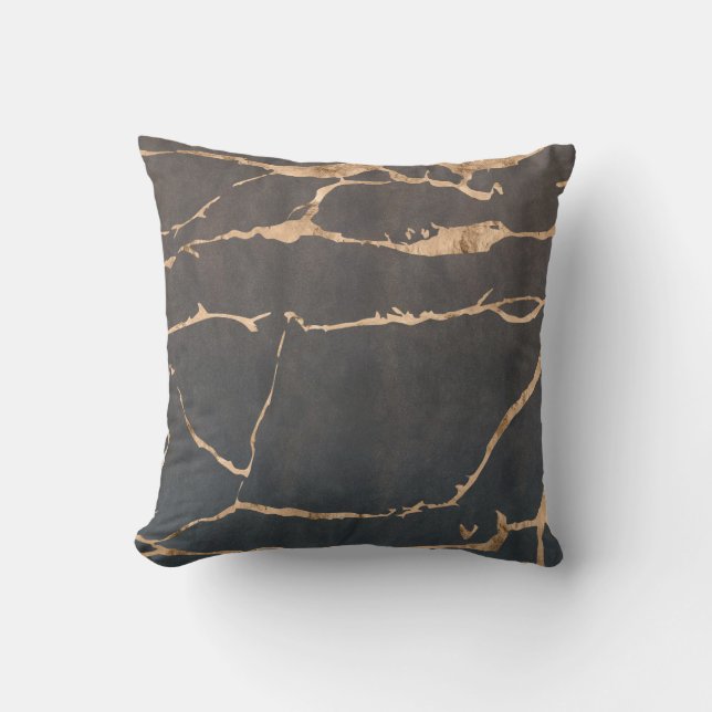 Schwarzer Onyx Moderner Marmor Goldfilm Edelstein Kissen (Vorderseite)
