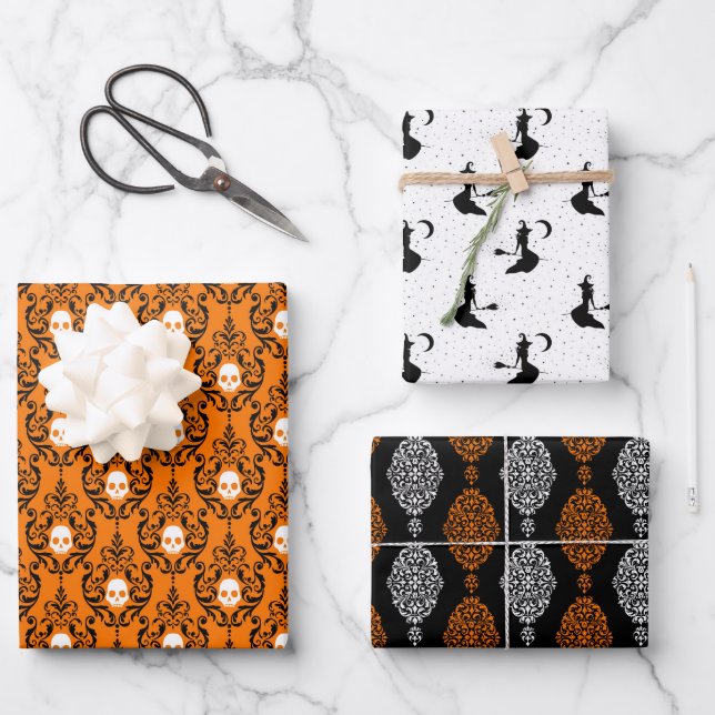 Schwarzer Orange Extravagant Skull Damask Hexe Hal Geschenkpapier Set (Vorderseite)