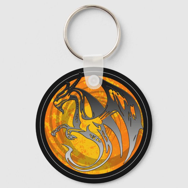 Schwarzer Orangengrunge-Drache rund Schlüsselanhän Schlüsselanhänger (Vorderseite)