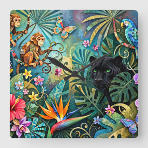 Schwarzer Panther Afrika Fröhlicher Collage-Stil D Quadratische Wanduhr