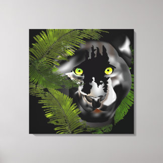 Schwarzer Panther, der durch Laub schaut Leinwanddruck
