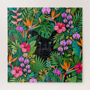 Schwarzer Panther Dschungelblumen und tropisches B