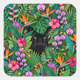 Schwarzer Panther Dschungelblumen und tropisches B Quadratischer Aufkleber