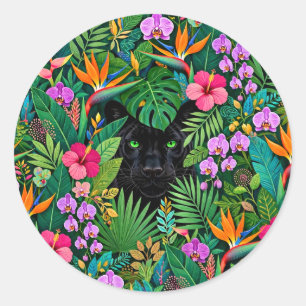 Schwarzer Panther Dschungelblumen und tropisches B Runder Aufkleber
