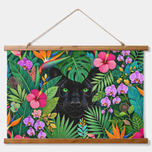 Schwarzer Panther Dschungelblumen und tropisches B Wandteppich Mit Holzrahmen