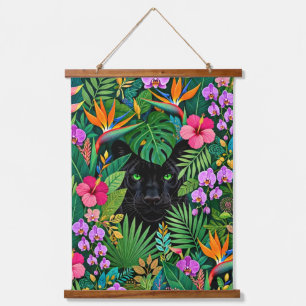 Schwarzer Panther Dschungelblumen und tropisches B Wandteppich Mit Holzrahmen