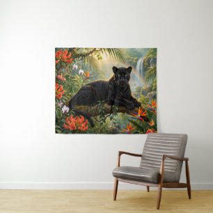 Schwarzer Panther Kenia Dschungel Blumen Wasserfal Wandteppich