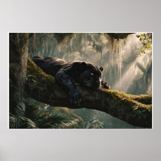 Schwarzer Panther ruht auf einem Ast im dichten Wa Poster