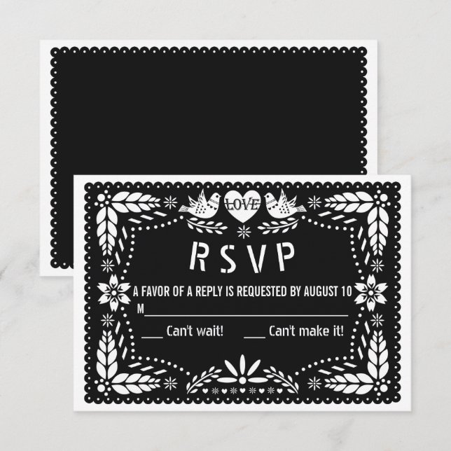 Schwarzer Papel Picado liebt Vögel und Blume Hochz RSVP Karte (Vorne/Hinten)