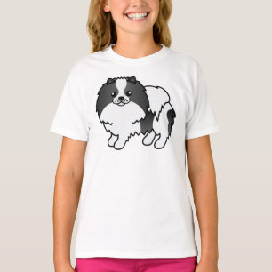 Schwarzer Parti-Color-Spitz Niedlicher Cartoon-Hun T-Shirt