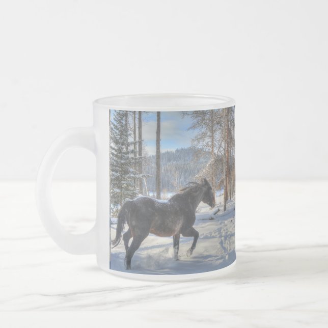 Schwarzer Percheron im Winter - Schnee und Wald Mattglastasse (Links)